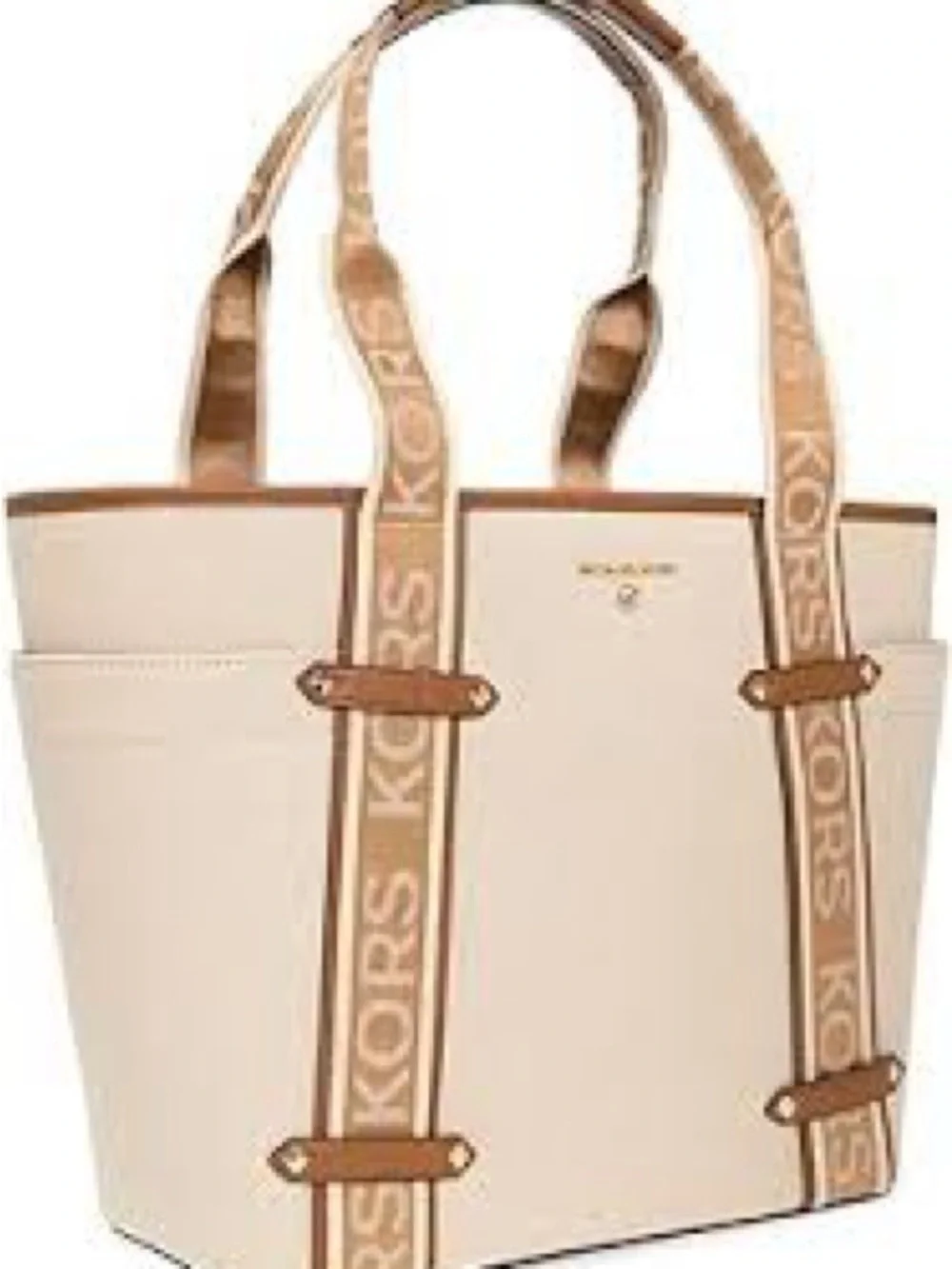 NWT MICHAEL KORS Maeve Large Open Top Tote Beige Canvas with Logo Strap Tote - Picture 2 of 8
